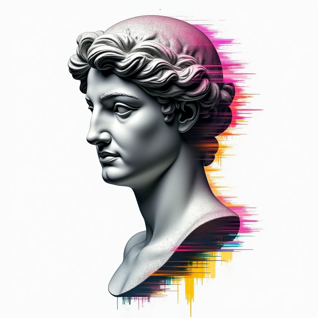 805in distorted and fragmented tattoo design, featuring a classical statue bust, in a glitch art style with vibrant, overlapping colors of cyan, magenta, and yellow, creating a digital distortion effect - Variation 3