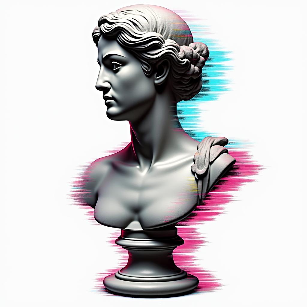 805in distorted and fragmented tattoo design, featuring a classical statue bust, in a glitch art style with vibrant, overlapping colors of cyan, magenta, and yellow, creating a digital distortion effect