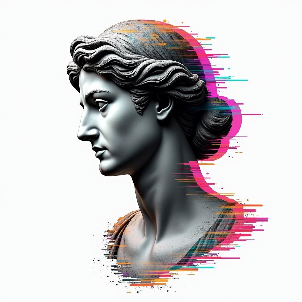 805in distorted and fragmented tattoo design, featuring a classical statue bust, in a glitch art style with vibrant, overlapping colors of cyan, magenta, and yellow, creating a digital distortion effect - Variation 4