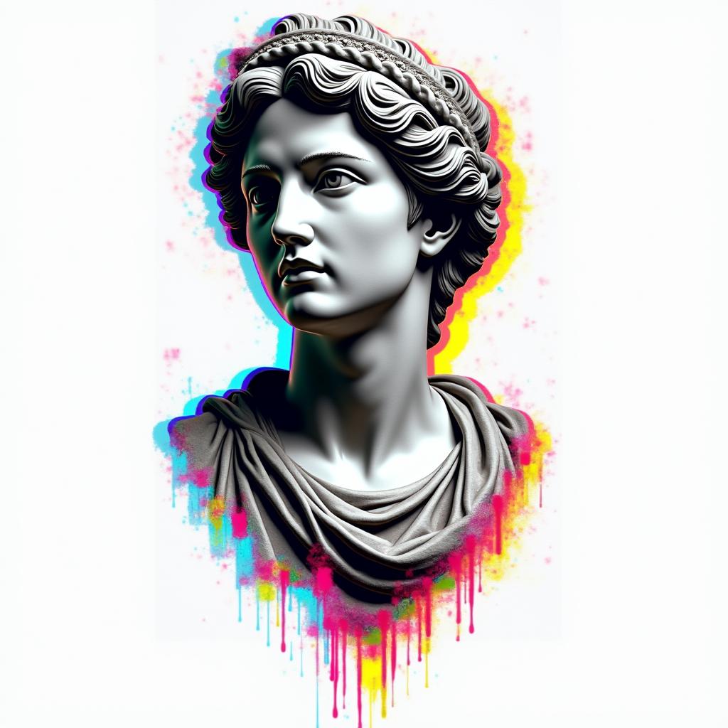 805in distorted and fragmented tattoo design, featuring a classical statue bust, in a glitch art style with vibrant, overlapping colors of cyan, magenta, and yellow, creating a digital distortion effect - Variation 2