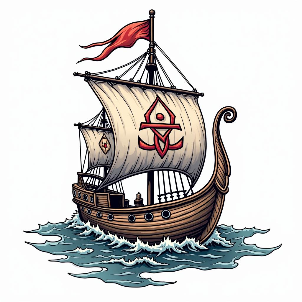 Traditional style Viking longboat with Yggdrasil on the main sail 
in pop art style tattoo, featuring bold and vibrant colors, exaggerated outlines, iconic imagery, inspired by comic books and speech bubbles, comic book characters, retro pop culture - Variation 8