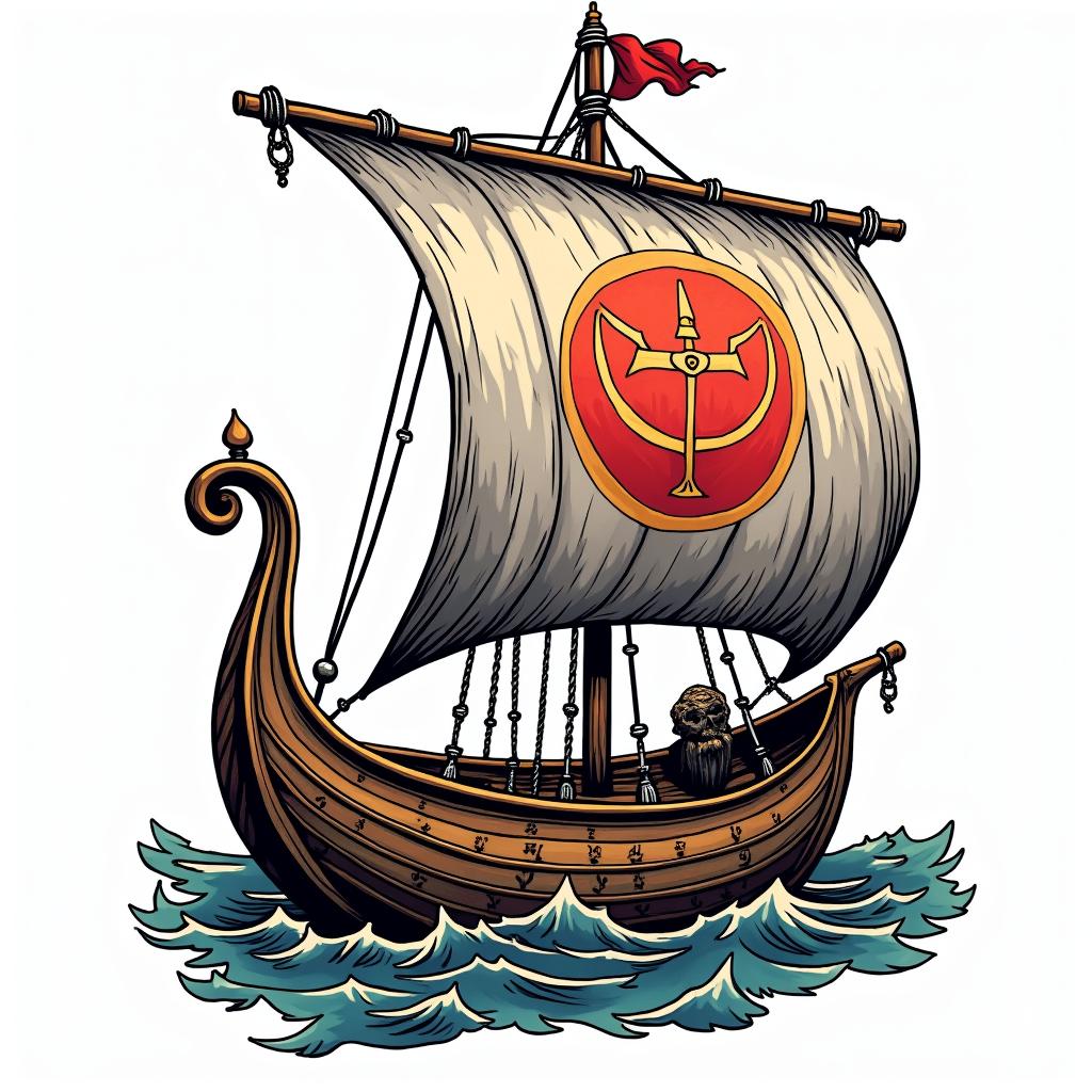 Traditional style Viking longboat with Yggdrasil on the main sail 
in pop art style tattoo, featuring bold and vibrant colors, exaggerated outlines, iconic imagery, inspired by comic books and speech bubbles, comic book characters, retro pop culture - Variation 9