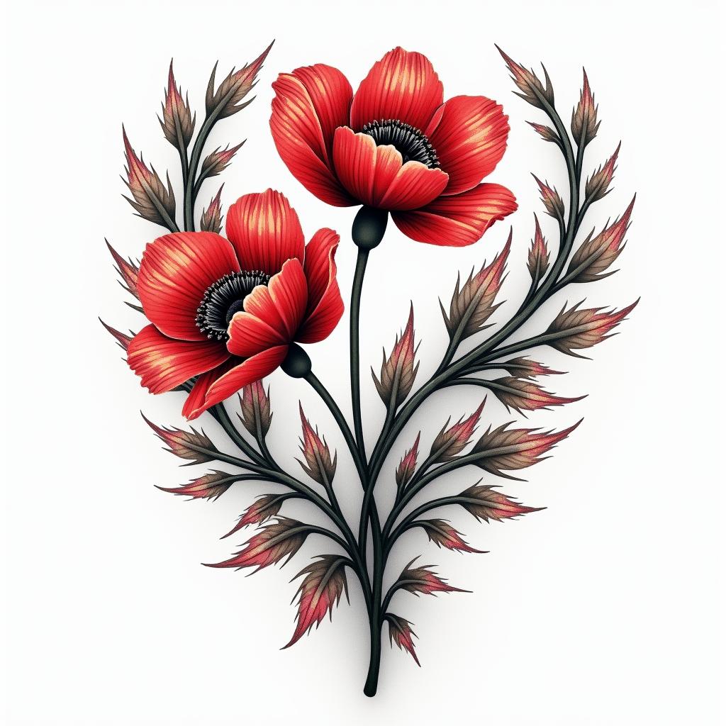 A striking tattoo design featuring poppy flowers intertwined with elements representing the concept of "chasing dragons," symbolizing the struggle with addiction. Incorporate imagery that conveys hope and happiness, such as bright, vibrant colors to reflect love and resilience. Include abstract shapes or symbols that evoke the joy and connection between two people deeply in love, representing the light in darkness. Overall, the style should be bold and inspiring, capturing both the journey of overcoming addiction and the strength of a loving relationship.higly detailed tattoo - Variation 4