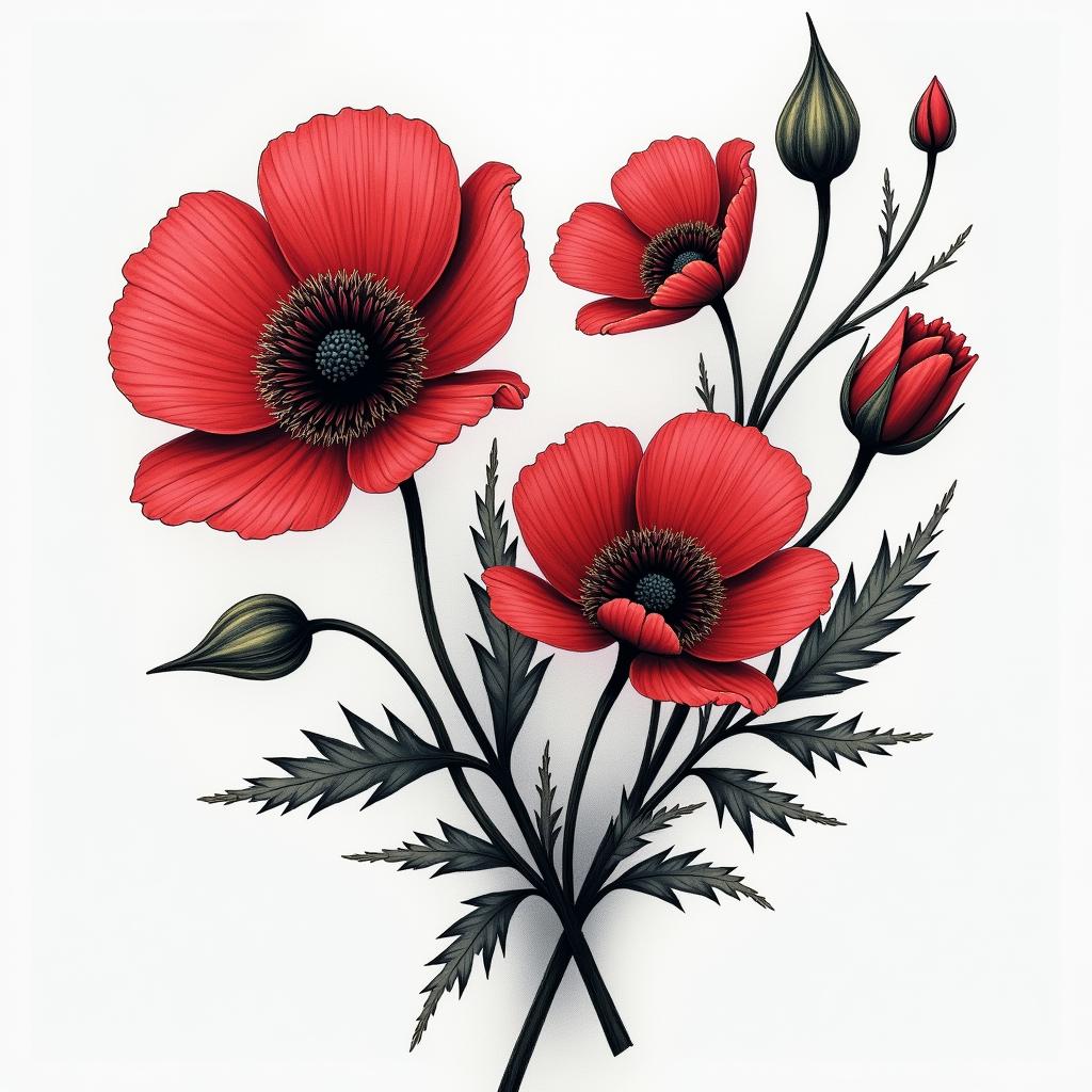 A striking tattoo design featuring poppy flowers intertwined with elements representing the concept of "chasing dragons," symbolizing the struggle with addiction. Incorporate imagery that conveys hope and happiness, such as bright, vibrant colors to reflect love and resilience. Include abstract shapes or symbols that evoke the joy and connection between two people deeply in love, representing the light in darkness. Overall, the style should be bold and inspiring, capturing both the journey of overcoming addiction and the strength of a loving relationship.higly detailed tattoo - Variation 2