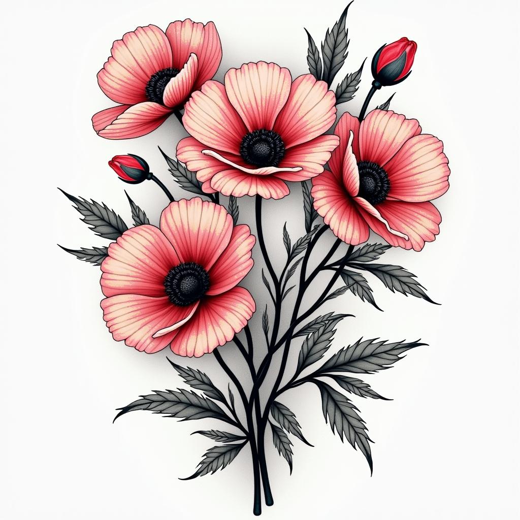 A striking tattoo design featuring poppy flowers intertwined with elements representing the concept of "chasing dragons," symbolizing the struggle with addiction. Incorporate imagery that conveys hope and happiness, such as bright, vibrant colors to reflect love and resilience. Include abstract shapes or symbols that evoke the joy and connection between two people deeply in love, representing the light in darkness. Overall, the style should be bold and inspiring, capturing both the journey of overcoming addiction and the strength of a loving relationship.higly detailed tattoo - Variation 3