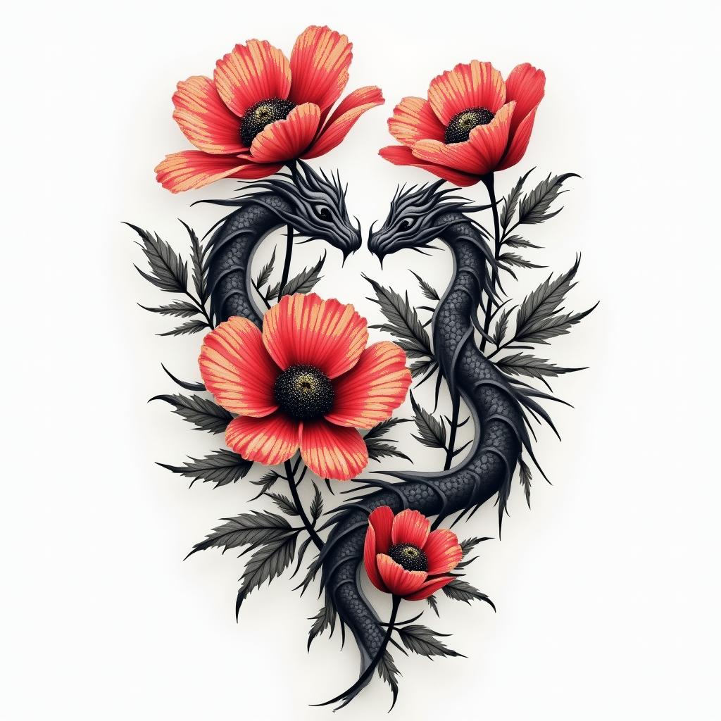A striking tattoo design featuring poppy flowers intertwined with elements representing the concept of "chasing dragons," symbolizing the struggle with addiction. Incorporate imagery that conveys hope and happiness, such as bright, vibrant colors to reflect love and resilience. Include abstract shapes or symbols that evoke the joy and connection between two people deeply in love, representing the light in darkness. Overall, the style should be bold and inspiring, capturing both the journey of overcoming addiction and the strength of a loving relationship.higly detailed tattoo - Variation 1