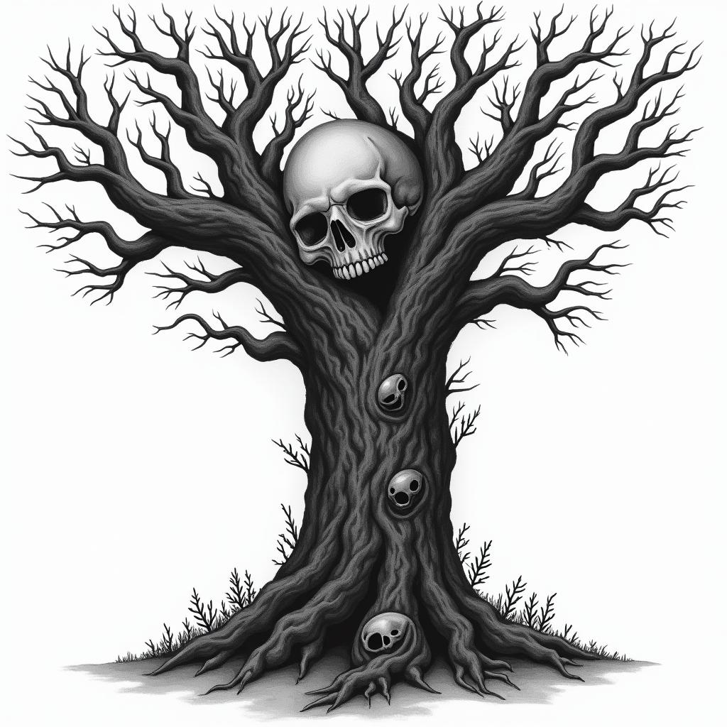 Piano fused with tree in horror tattoo style, showcasing haunting and unsettling, dark and gritty textures with skulls, eerie faces, jgged designs, bold and intense shading - Variation 4