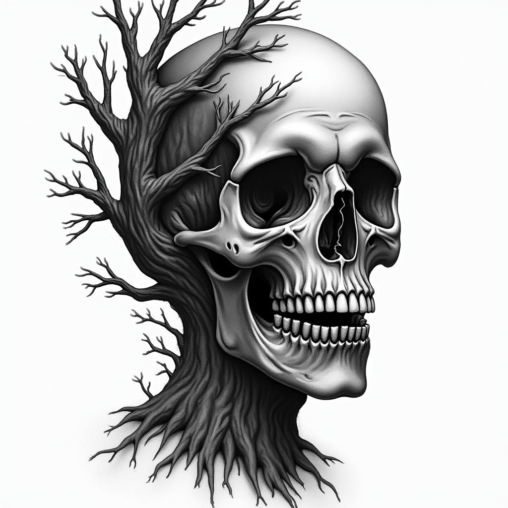 Piano fused with tree in horror tattoo style, showcasing haunting and unsettling, dark and gritty textures with skulls, eerie faces, jgged designs, bold and intense shading - Variation 2