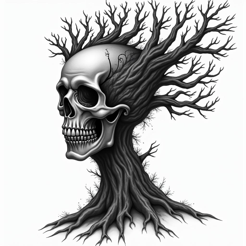 Piano fused with tree in horror tattoo style, showcasing haunting and unsettling, dark and gritty textures with skulls, eerie faces, jgged designs, bold and intense shading
