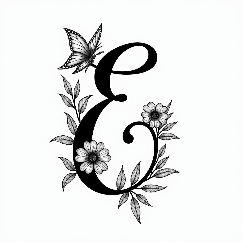 Cursive E, flowers and butterfliesminimalist text-based tattoo, Monospace font ultra-realistic, perfectly placed, high-quality font design, photo-realistic shading, 8k, high quality, finely detailed typograph - Variation 12