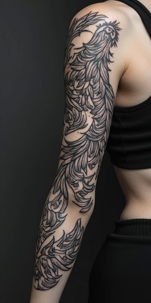 arm cover up, mix of wolf and phoenixin tribal tattoo style, featuring bold and black geometric shapes, curved lines, intertwine and flow seamlessly, creating a powerful and symbolic design, polynesian and maori styles - Variation 2