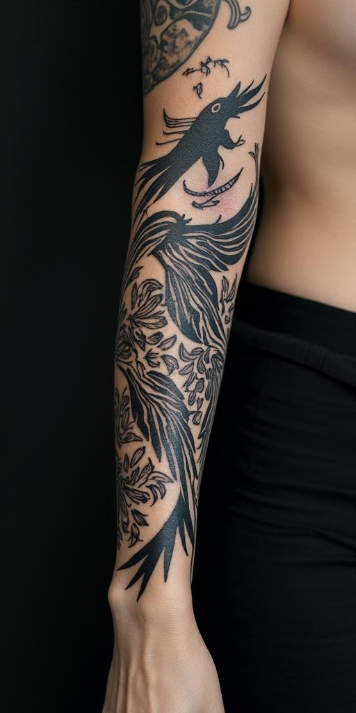 arm cover up, mix of wolf and phoenixin tribal tattoo style, featuring bold and black geometric shapes, curved lines, intertwine and flow seamlessly, creating a powerful and symbolic design, polynesian and maori styles - Variation 1