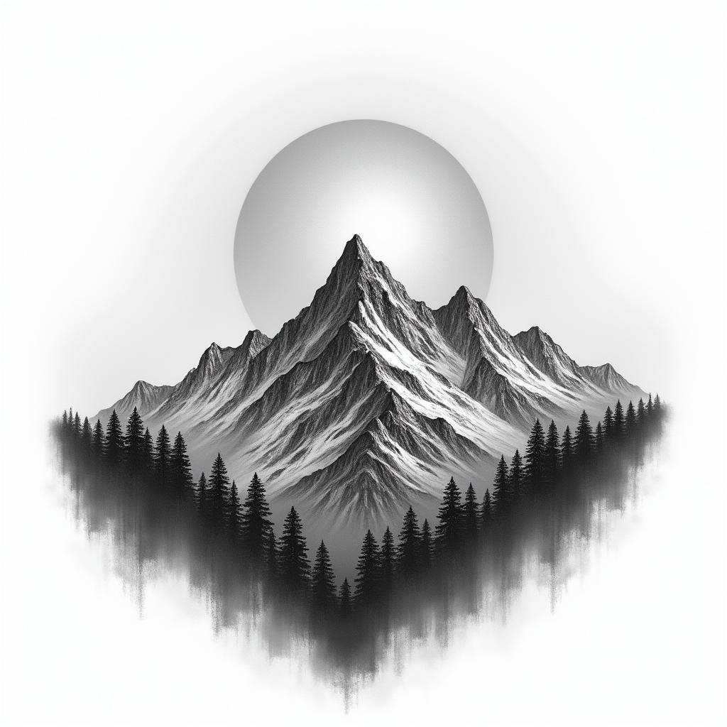 Mountain range with a rising sunin realism tattoo style, featuring a highly detailed, lifelike, capturing every detail, photorealistic, ultra realistic, intricate shading, smooth and sharp, - Variation 7