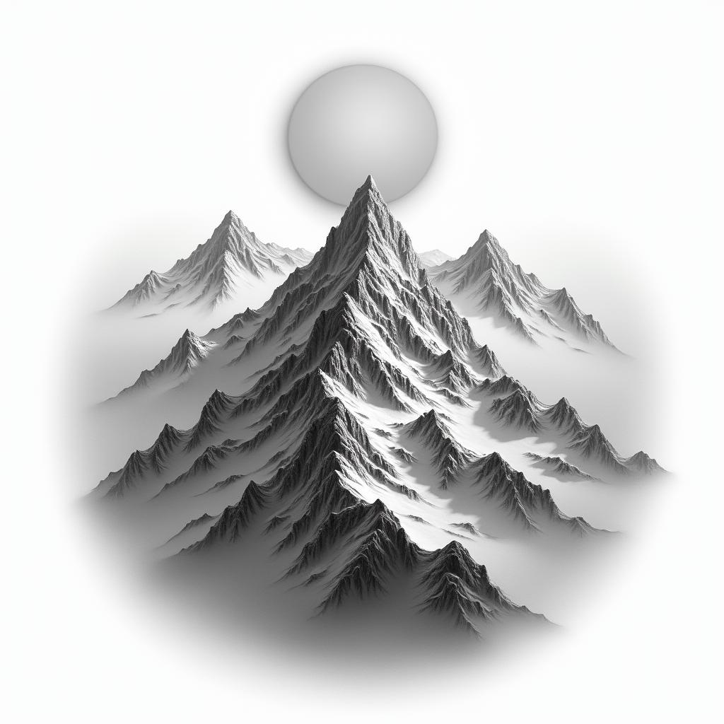 Mountain range with a rising sunin realism tattoo style, featuring a highly detailed, lifelike, capturing every detail, photorealistic, ultra realistic, intricate shading, smooth and sharp, - Variation 6