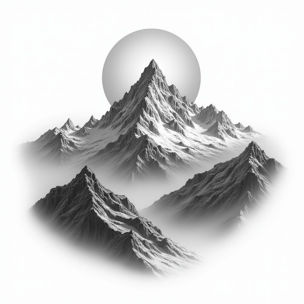 Mountain range with a rising sunin realism tattoo style, featuring a highly detailed, lifelike, capturing every detail, photorealistic, ultra realistic, intricate shading, smooth and sharp, - Variation 8