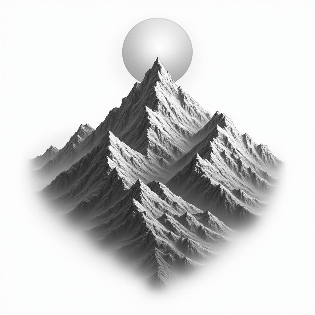 Mountain range with a rising sunin realism tattoo style, featuring a highly detailed, lifelike, capturing every detail, photorealistic, ultra realistic, intricate shading, smooth and sharp, - Variation 5