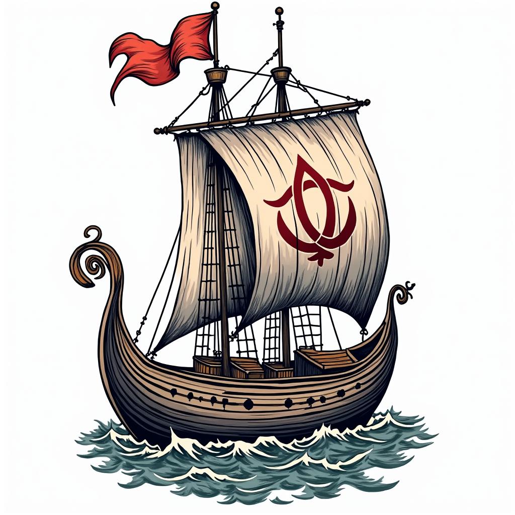 Traditional style Viking longboat with Yggdrasil on the main sail 
in pop art style tattoo, featuring bold and vibrant colors, exaggerated outlines, iconic imagery, inspired by comic books and speech bubbles, comic book characters, retro pop culture - Variation 6