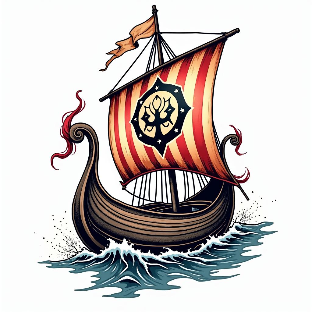 Traditional style Viking longboat with Yggdrasil on the main sail 
in pop art style tattoo, featuring bold and vibrant colors, exaggerated outlines, iconic imagery, inspired by comic books and speech bubbles, comic book characters, retro pop culture - Variation 2