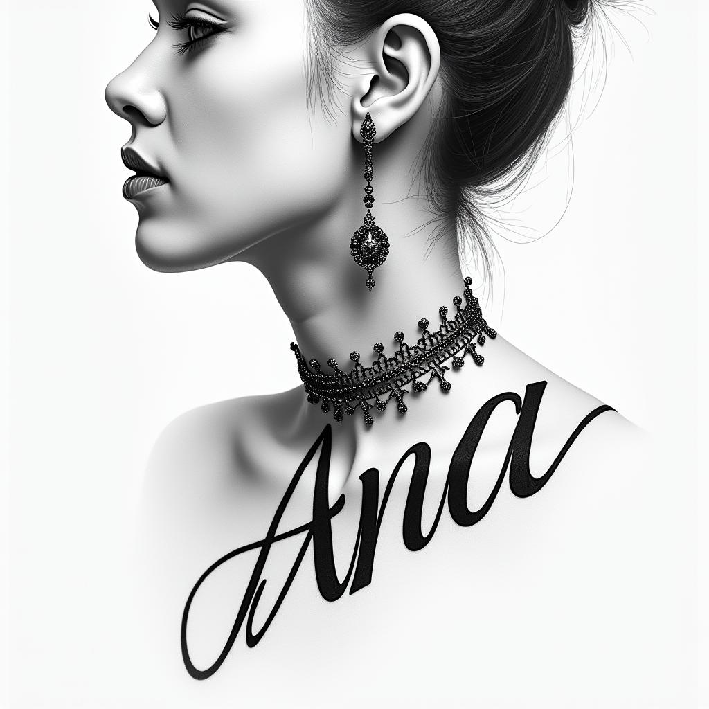 a neck tattoo with the name ana in cursive lettering with a pen and a crown as elementshigly detailed tattoo