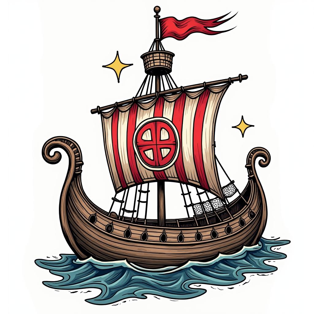 Traditional style Viking longboat with Yggdrasil on the main sail 
in pop art style tattoo, featuring bold and vibrant colors, exaggerated outlines, iconic imagery, inspired by comic books and speech bubbles, comic book characters, retro pop culture - Variation 5