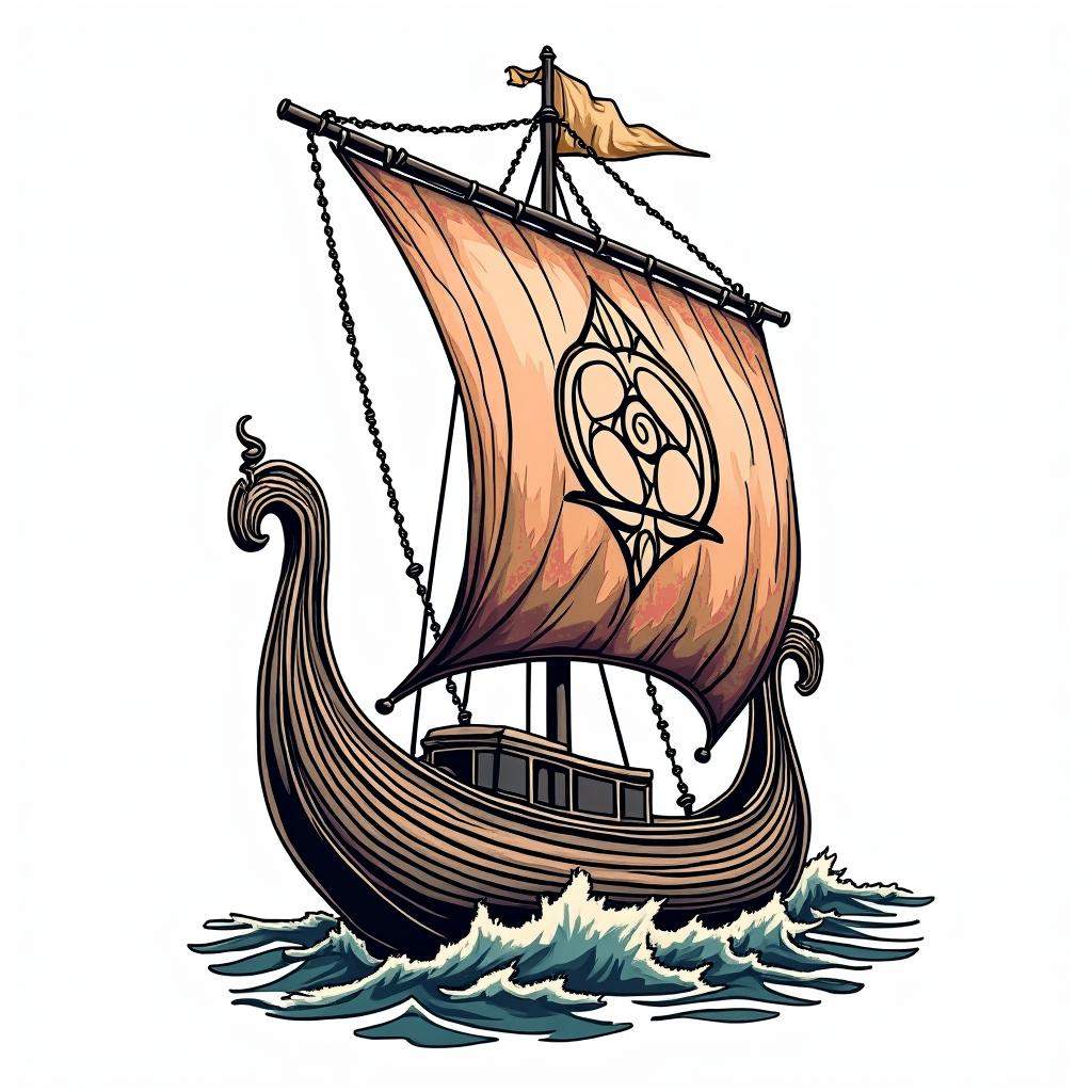 Traditional style Viking longboat with Yggdrasil on the main sail
in pop art style tattoo, featuring bold and vibrant colors, exaggerated outlines, iconic imagery, inspired by comic books and speech bubbles, comic book characters, retro pop culture