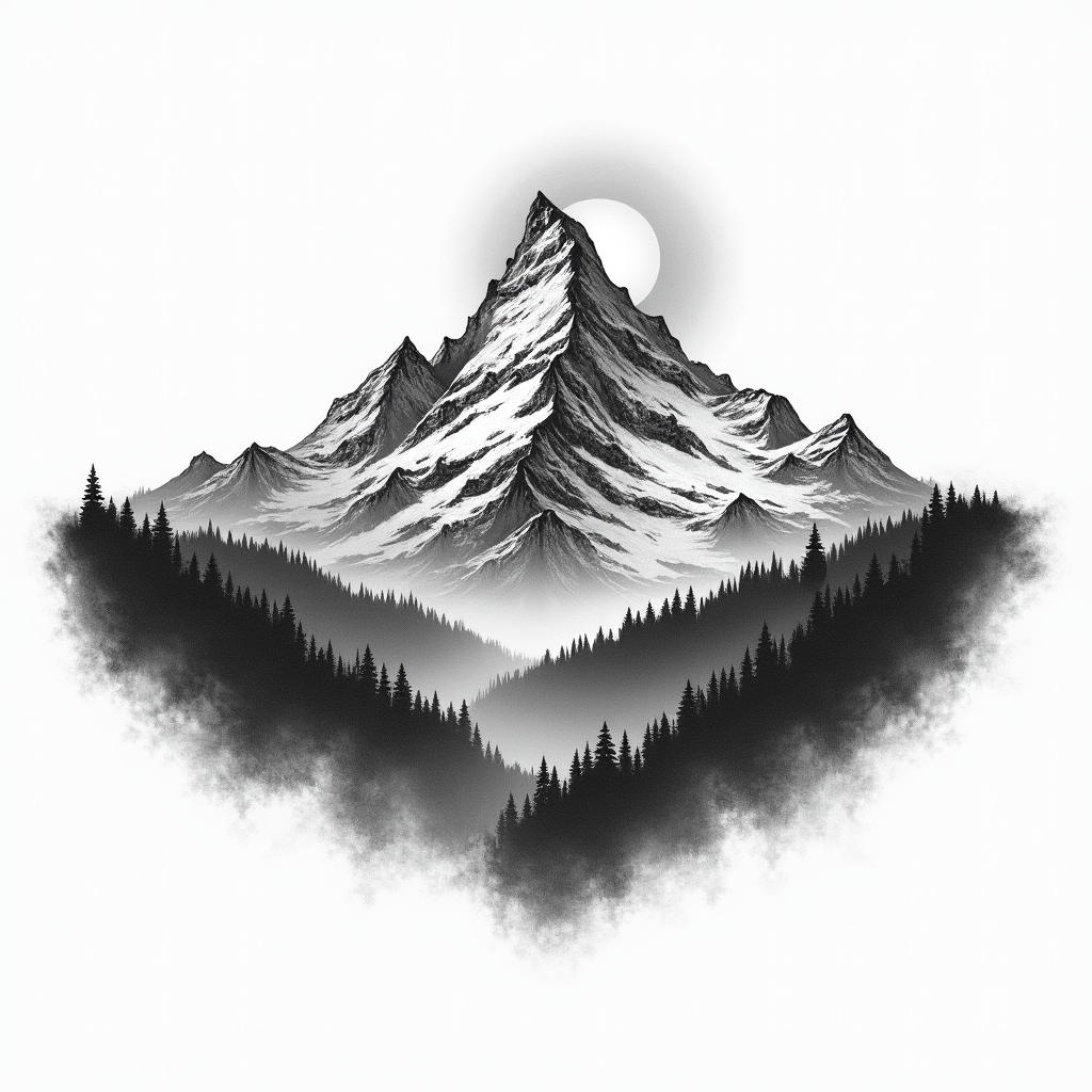 Mountain range with a rising sunin realism tattoo style, featuring a highly detailed, lifelike, capturing every detail, photorealistic, ultra realistic, intricate shading, smooth and sharp, - Variation 3