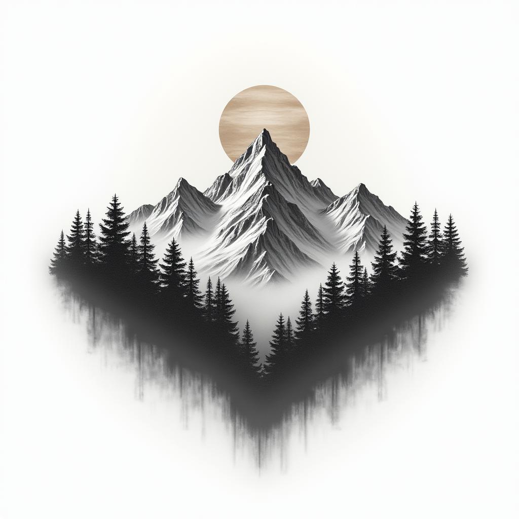 Mountain range with a rising sunin realism tattoo style, featuring a highly detailed, lifelike, capturing every detail, photorealistic, ultra realistic, intricate shading, smooth and sharp,