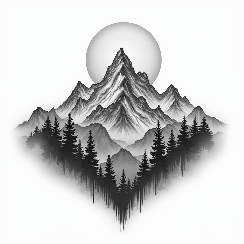 Mountain range with a rising sunin realism tattoo style, featuring a highly detailed, lifelike, capturing every detail, photorealistic, ultra realistic, intricate shading, smooth and sharp, - Variation 4