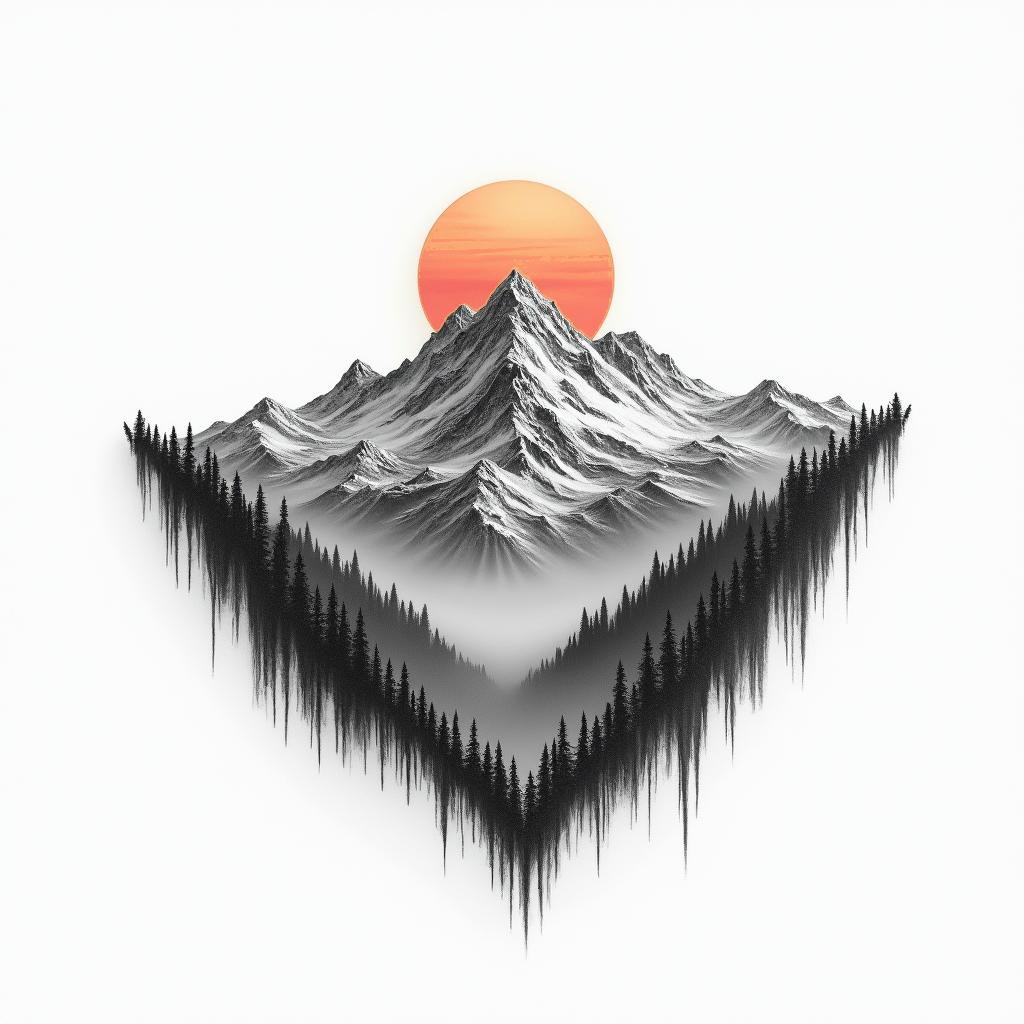 Mountain range with a rising sunin realism tattoo style, featuring a highly detailed, lifelike, capturing every detail, photorealistic, ultra realistic, intricate shading, smooth and sharp, - Variation 2