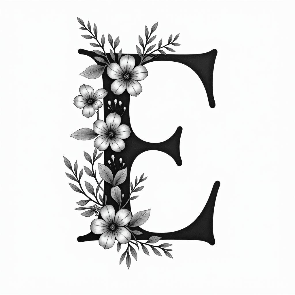 Cursive E, flowers and butterfliesminimalist text-based tattoo, Monospace font ultra-realistic, perfectly placed, high-quality font design, photo-realistic shading, 8k, high quality, finely detailed typograph - Variation 8