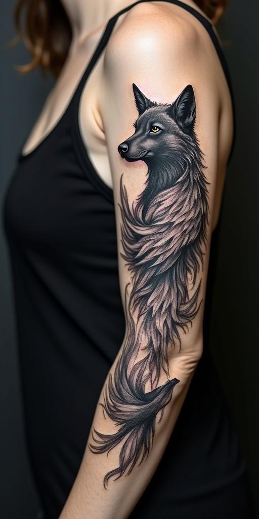 arm cover up, mix of wolf and phoenixin realism tattoo style, featuring a highly detailed, lifelike, capturing every detail, photorealistic, ultra realistic, intricate shading, smooth and sharp, - Variation 4