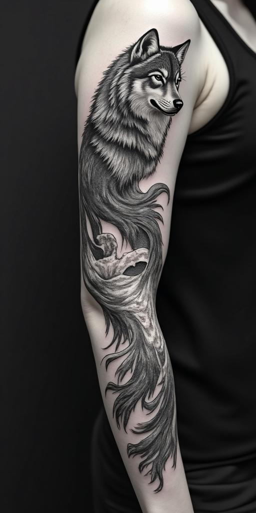 arm cover up, mix of wolf and phoenixin realism tattoo style, featuring a highly detailed, lifelike, capturing every detail, photorealistic, ultra realistic, intricate shading, smooth and sharp,  
