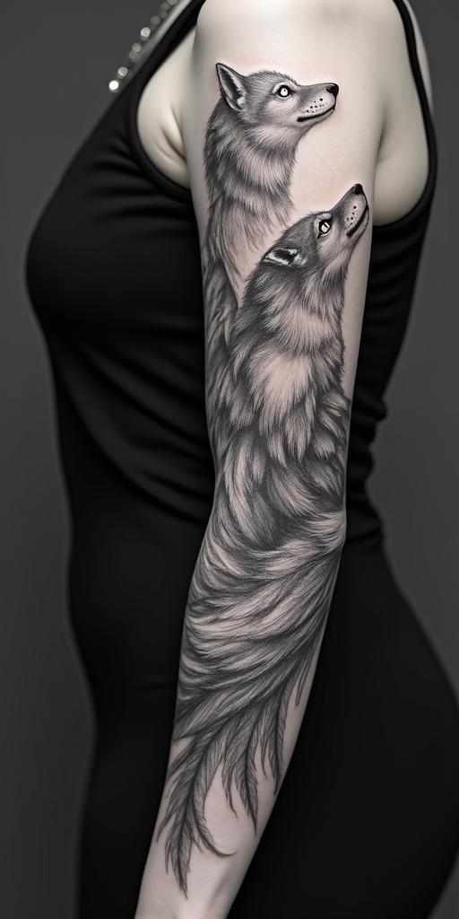 arm cover up, mix of wolf and phoenixin realism tattoo style, featuring a highly detailed, lifelike, capturing every detail, photorealistic, ultra realistic, intricate shading, smooth and sharp, - Variation 2