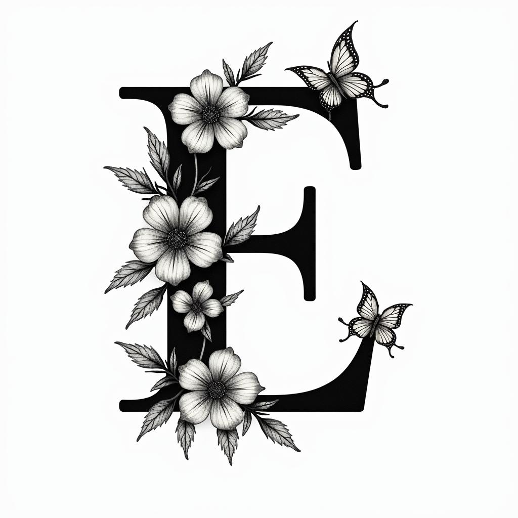 Cursive E, flowers and butterfliesminimalist text-based tattoo, Monospace font ultra-realistic, perfectly placed, high-quality font design, photo-realistic shading, 8k, high quality, finely detailed typograph - Variation 2