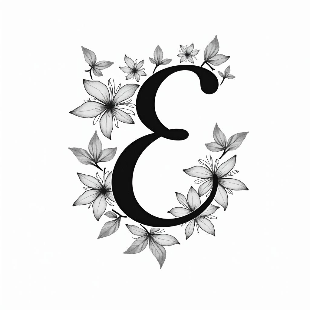Cursive E, flowers and butterfliesminimalist text-based tattoo, Monospace font ultra-realistic, perfectly placed, high-quality font design, photo-realistic shading, 8k, high quality, finely detailed typograph - Variation 3