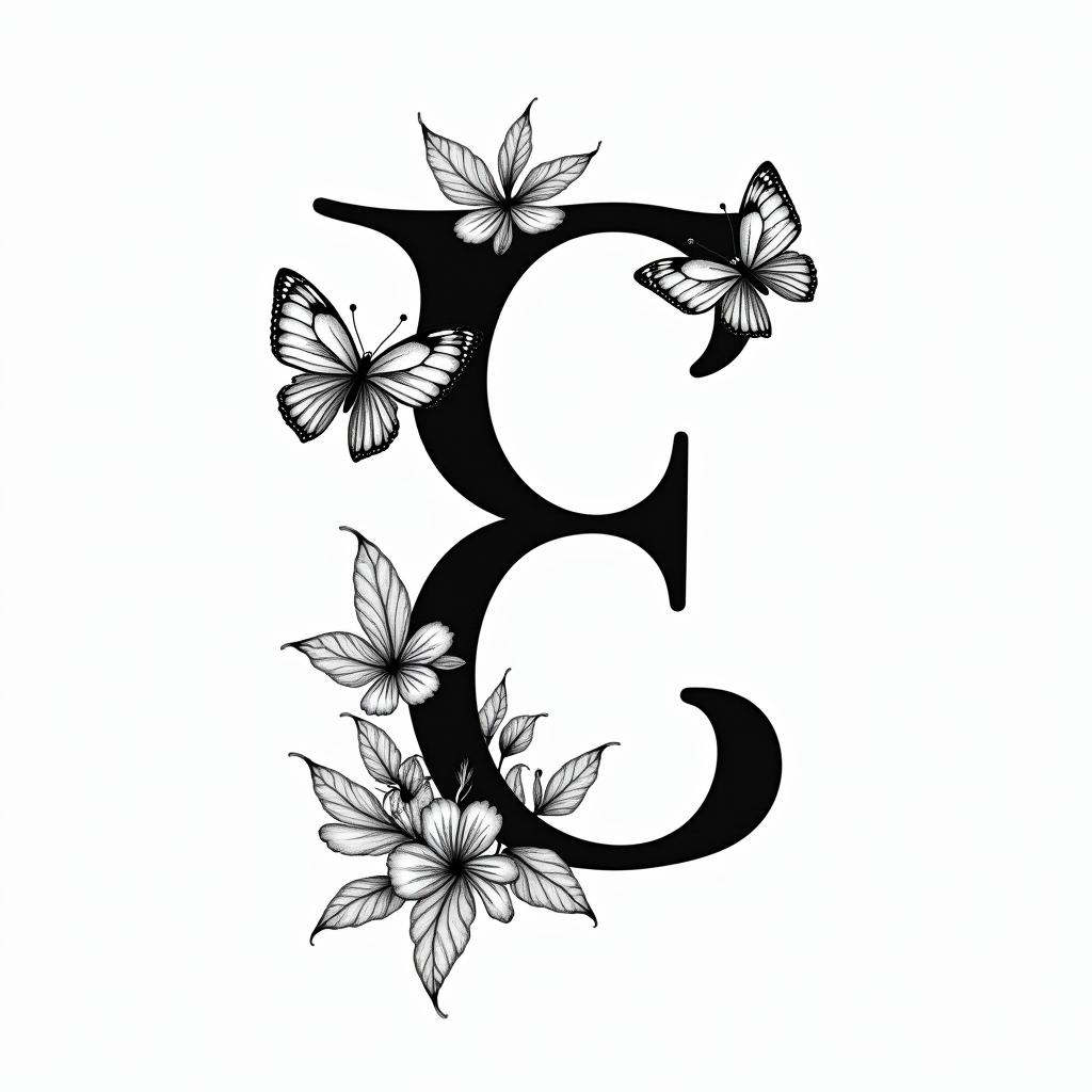 Cursive E, flowers and butterfliesminimalist text-based tattoo, Monospace font ultra-realistic, perfectly placed, high-quality font design, photo-realistic shading, 8k, high quality, finely detailed typograph - Variation 4