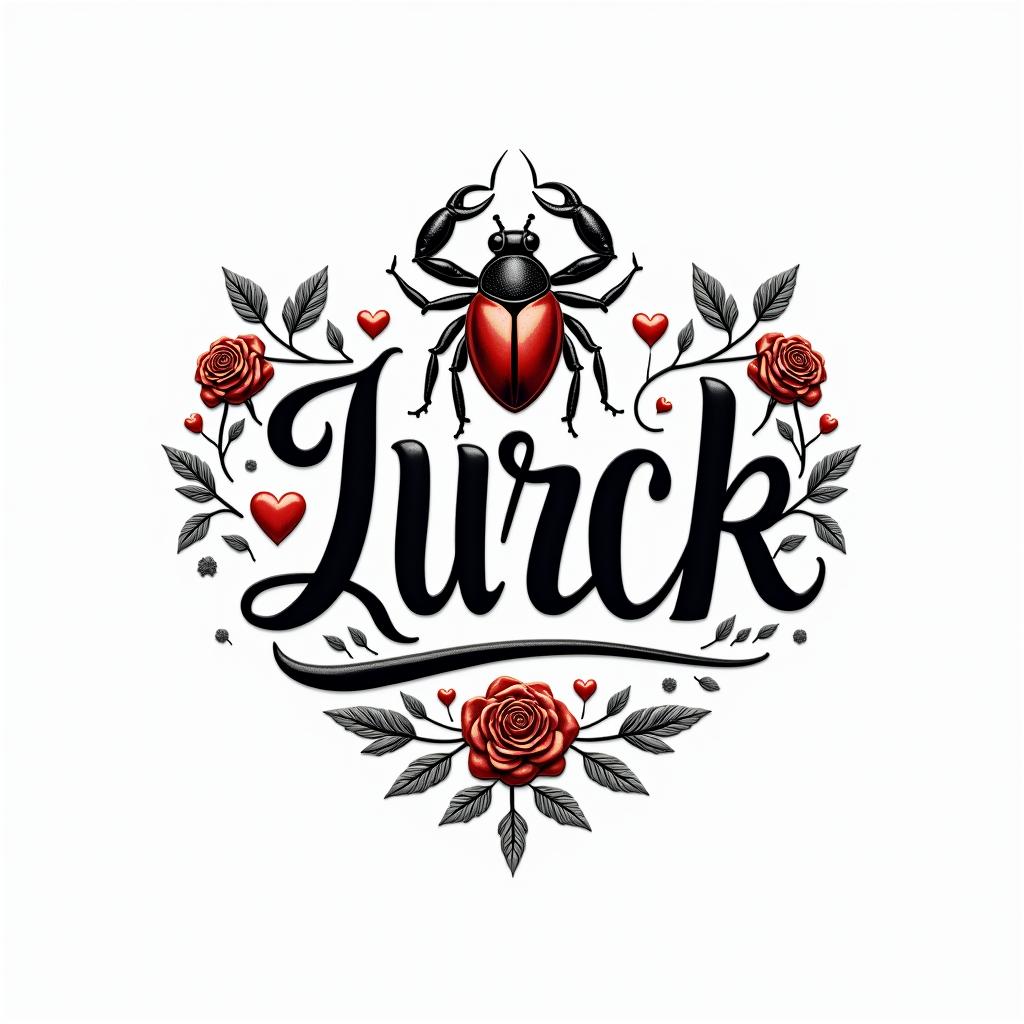 Bruna scorpion luck ladybugin elegant cursive calligraphy style 2d tattoo, decorate with roses, featuring a smooth and flowing handwritten script with slightly thickened strokes for a luxurious and bold appearance, heart symbol between names, sleek and glossy black text with shadowing, minimalist matte white background, clean and sharp edges, illuminated with soft lighting, romantic, 8k, high-quality textures with refined typography