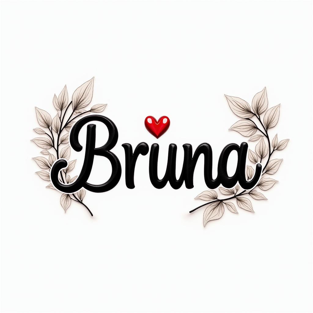 Bruna scorpion luck ladybugin elegant cursive calligraphy style 2d tattoo, decorate with roses, featuring a smooth and flowing handwritten script with slightly thickened strokes for a luxurious and bold appearance, heart symbol between names, sleek and glossy black text with shadowing, minimalist matte white background, clean and sharp edges, illuminated with soft lighting, romantic, 8k, high-quality textures with refined typography - Variation 3
