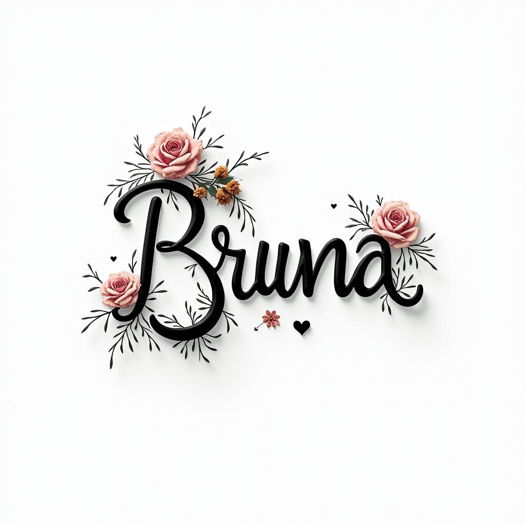 Bruna scorpion luck ladybugin elegant cursive calligraphy style 2d tattoo, decorate with roses, featuring a smooth and flowing handwritten script with slightly thickened strokes for a luxurious and bold appearance, heart symbol between names, sleek and glossy black text with shadowing, minimalist matte white background, clean and sharp edges, illuminated with soft lighting, romantic, 8k, high-quality textures with refined typography - Variation 2