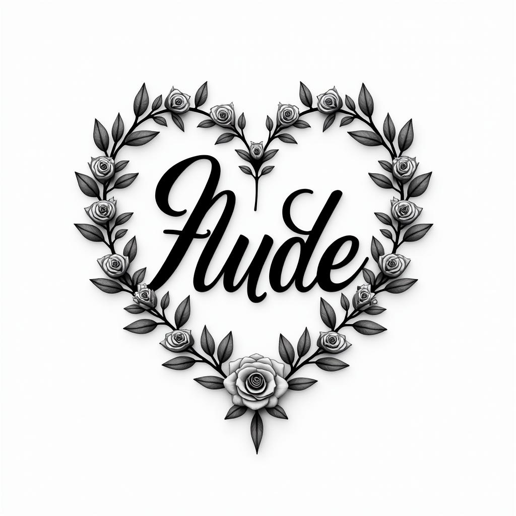 Bruna scorpion luck ladybugin elegant cursive calligraphy style 2d tattoo, decorate with roses, featuring a smooth and flowing handwritten script with slightly thickened strokes for a luxurious and bold appearance, heart symbol between names, sleek and glossy black text with shadowing, minimalist matte white background, clean and sharp edges, illuminated with soft lighting, romantic, 8k, high-quality textures with refined typography - Variation 4