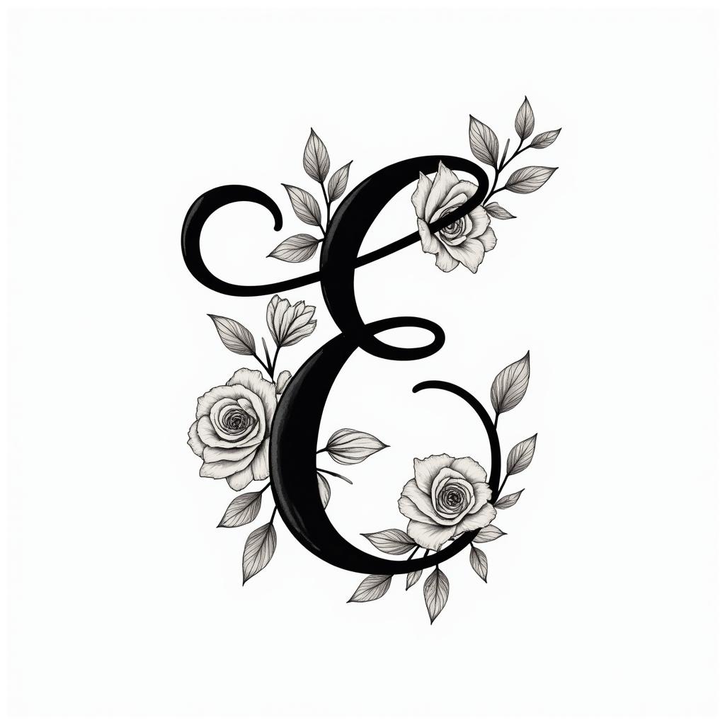 Cursive E, flowers and butterfliesin elegant cursive calligraphy style 2d tattoo, decorate with roses, featuring a smooth and flowing handwritten script with slightly thickened strokes for a luxurious and bold appearance,  heart symbol between names,  sleek and glossy black text with shadowing, minimalist matte white background, clean and sharp edges, illuminated with soft lighting, romantic, 8k, high-quality textures with refined typography - Variation 12