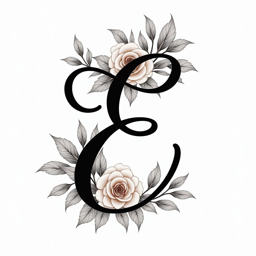 Cursive E, flowers and butterfliesin elegant cursive calligraphy style 2d tattoo, decorate with roses, featuring a smooth and flowing handwritten script with slightly thickened strokes for a luxurious and bold appearance,  heart symbol between names,  sleek and glossy black text with shadowing, minimalist matte white background, clean and sharp edges, illuminated with soft lighting, romantic, 8k, high-quality textures with refined typography - Variation 11