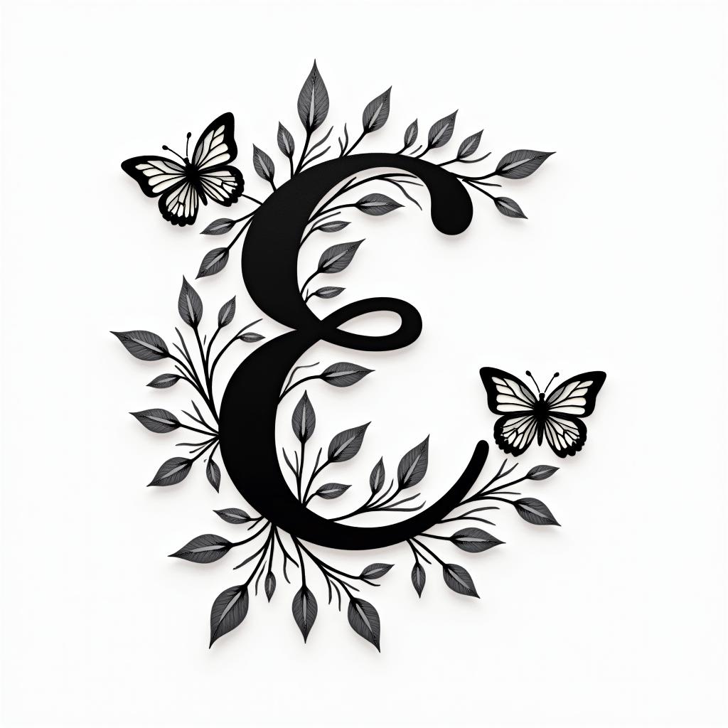 Cursive E, flowers and butterfliesin elegant cursive calligraphy style 2d tattoo, decorate with roses, featuring a smooth and flowing handwritten script with slightly thickened strokes for a luxurious and bold appearance,  heart symbol between names,  sleek and glossy black text with shadowing, minimalist matte white background, clean and sharp edges, illuminated with soft lighting, romantic, 8k, high-quality textures with refined typography - Variation 9