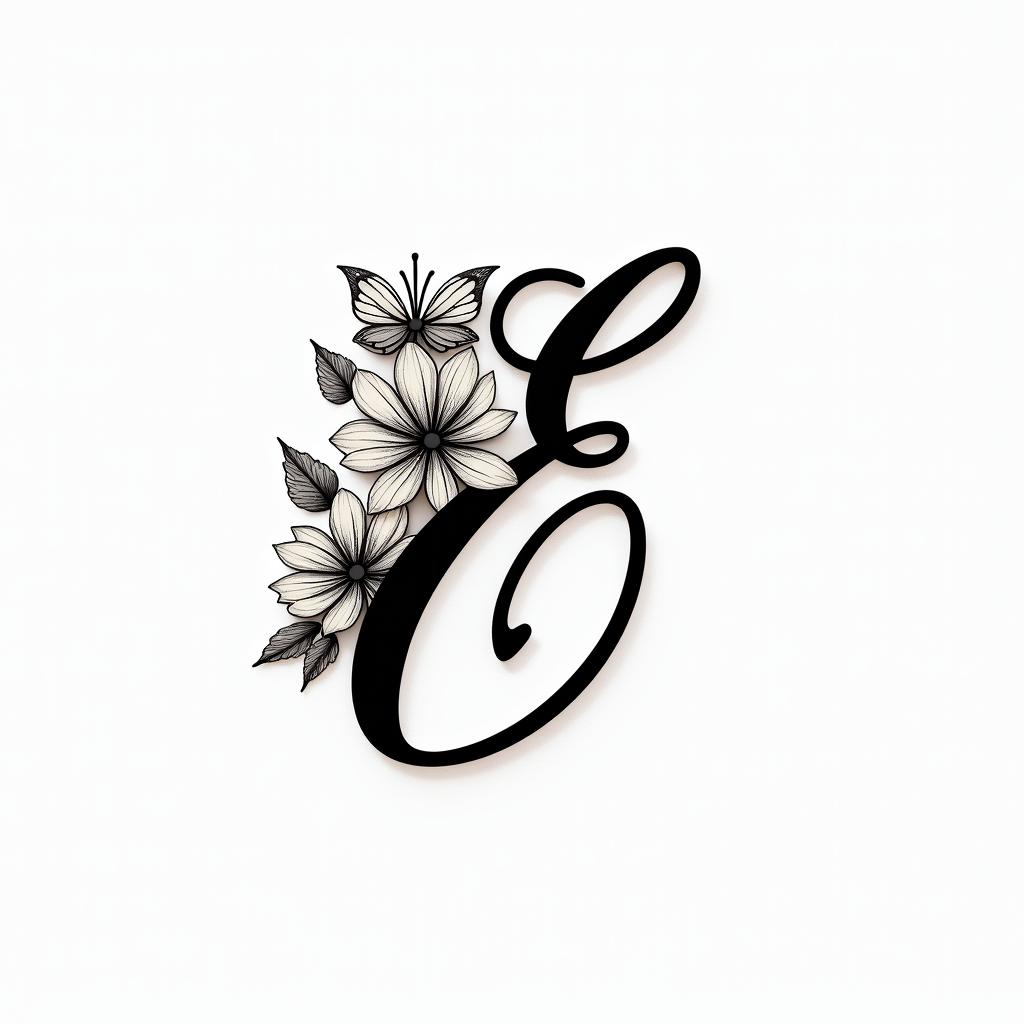 Cursive E, flowers and butterfliesin elegant cursive calligraphy style 2d tattoo, decorate with roses, featuring a smooth and flowing handwritten script with slightly thickened strokes for a luxurious and bold appearance,  heart symbol between names,  sleek and glossy black text with shadowing, minimalist matte white background, clean and sharp edges, illuminated with soft lighting, romantic, 8k, high-quality textures with refined typography - Variation 10