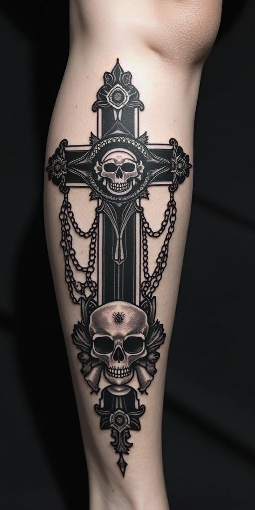 Athena, the goddess of war, firein chicano style tattoo, featuring intricate black and grey shading, bold elements of traditional chicano culture symbols, add a big cross with skull, chains and roses - Variation 3