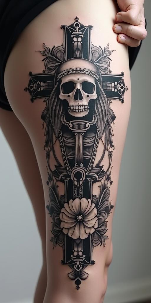 Athena, the goddess of war, firein chicano style tattoo, featuring intricate black and grey shading, bold elements of traditional chicano culture symbols, add a big cross with skull, chains and roses - Variation 4
