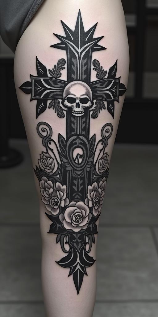 Athena, the goddess of war, firein chicano style tattoo, featuring intricate black and grey shading, bold elements of traditional chicano culture symbols, add a big cross with skull, chains and roses