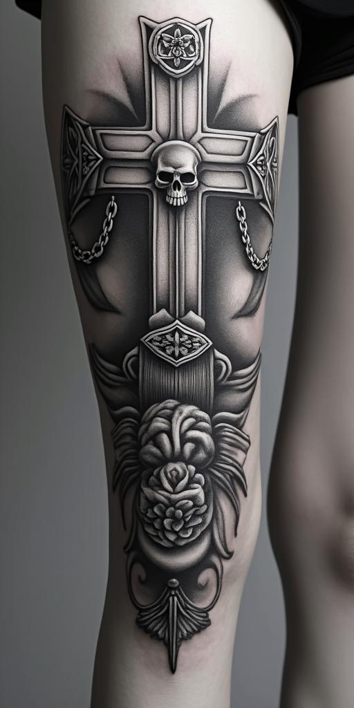 Athena, the goddess of war, firein chicano style tattoo, featuring intricate black and grey shading, bold elements of traditional chicano culture symbols, add a big cross with skull, chains and roses - Variation 2