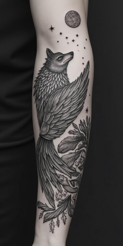 arm cover up, mix of wolf and phoenixin prophecy tattoo style, featuring mystical symbols, celestial imagery like stars, moons, suns, geometric patterns, foretelling elements, an eye of wisdom - Variation 8