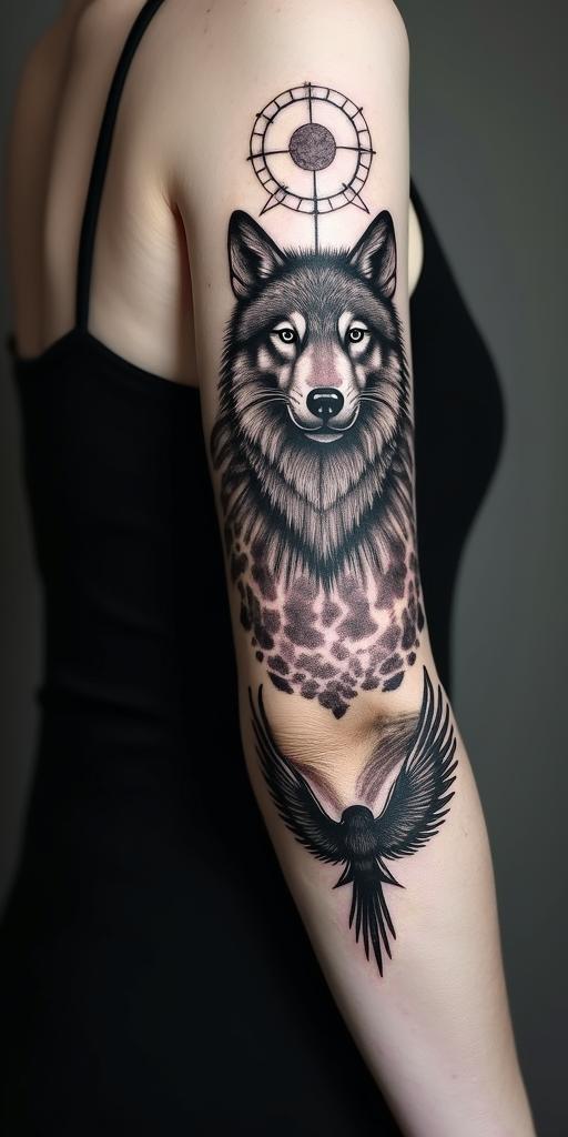 arm cover up, mix of wolf and phoenixin prophecy tattoo style, featuring mystical symbols, celestial imagery like stars, moons, suns, geometric patterns, foretelling elements, an eye of wisdom - Variation 6